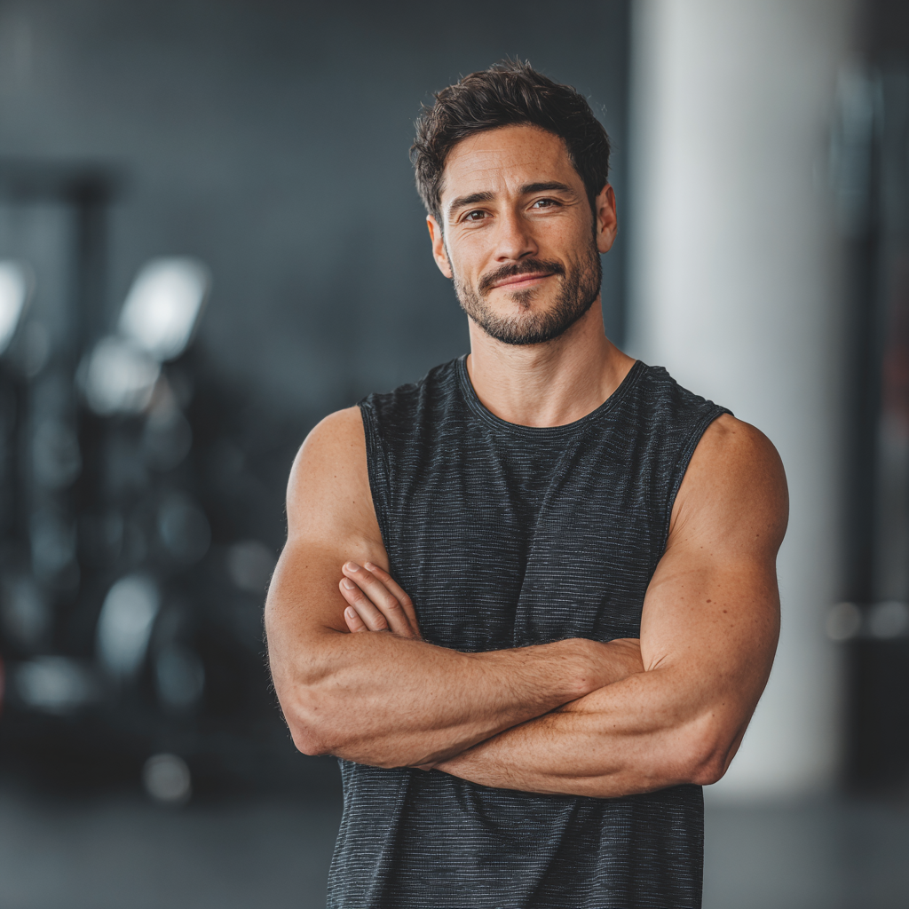 confident man in athletic wear standing powerfully with crossed arms in modern gym setting