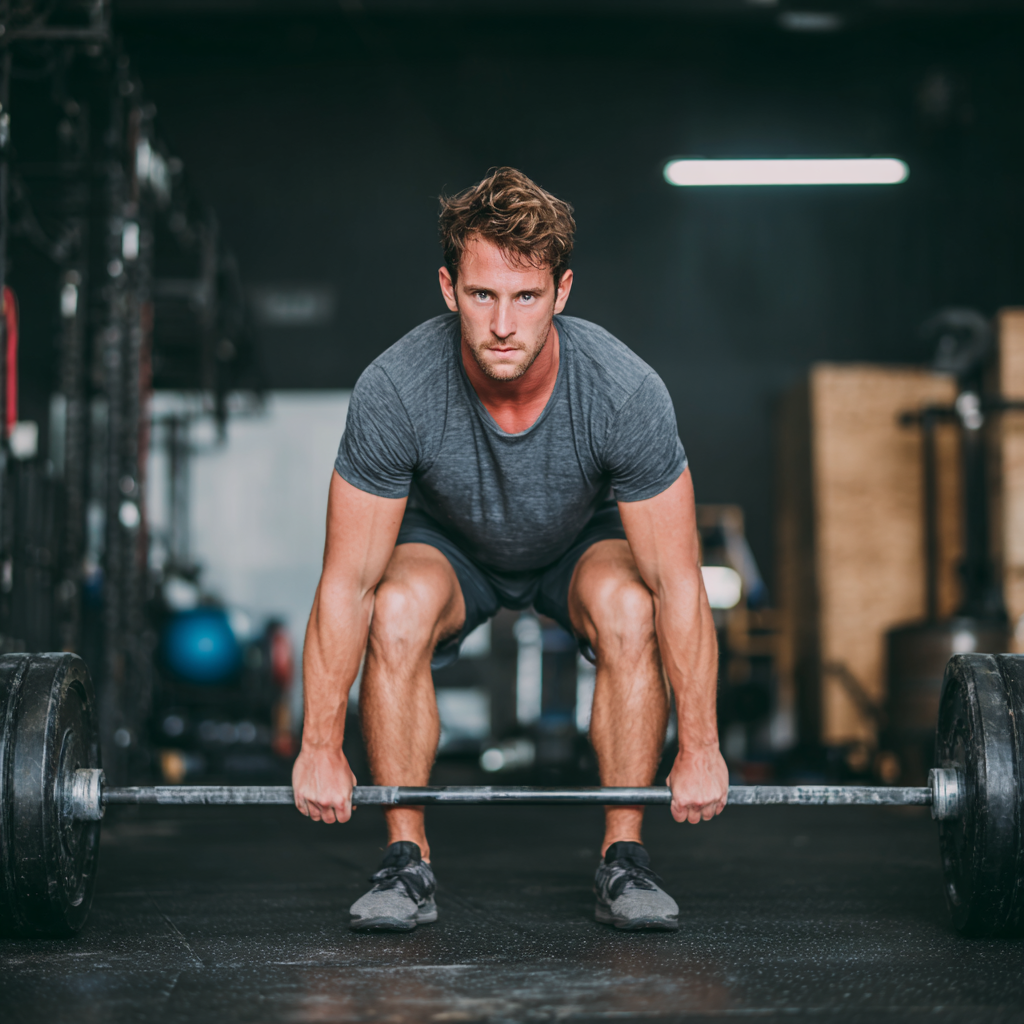 focused male athlete performing deadlift exercise with perfect form in professional training facility